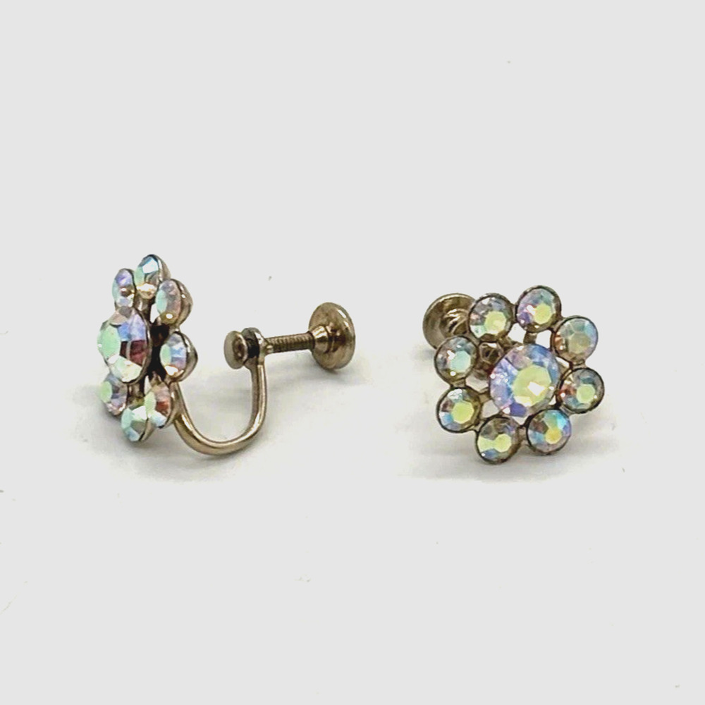 Vtg Aurora Rhinestone Earrings Art Deco Retro Mid Century Glam Screw Back Clip
